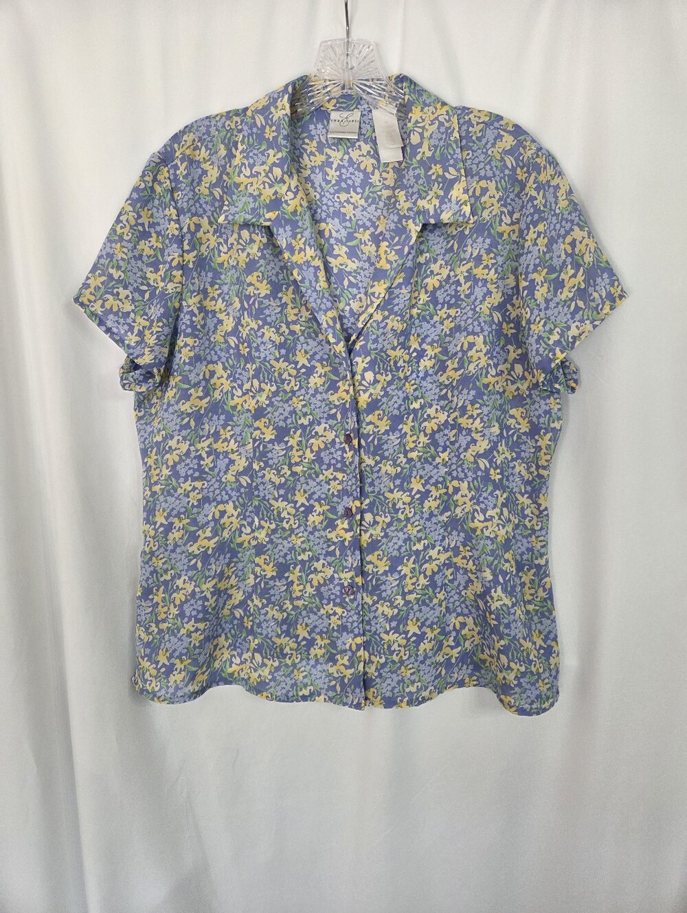 Emma James Blue/Yellow Floral Short-Sleeve Fitted Button Front Blouse Size 14